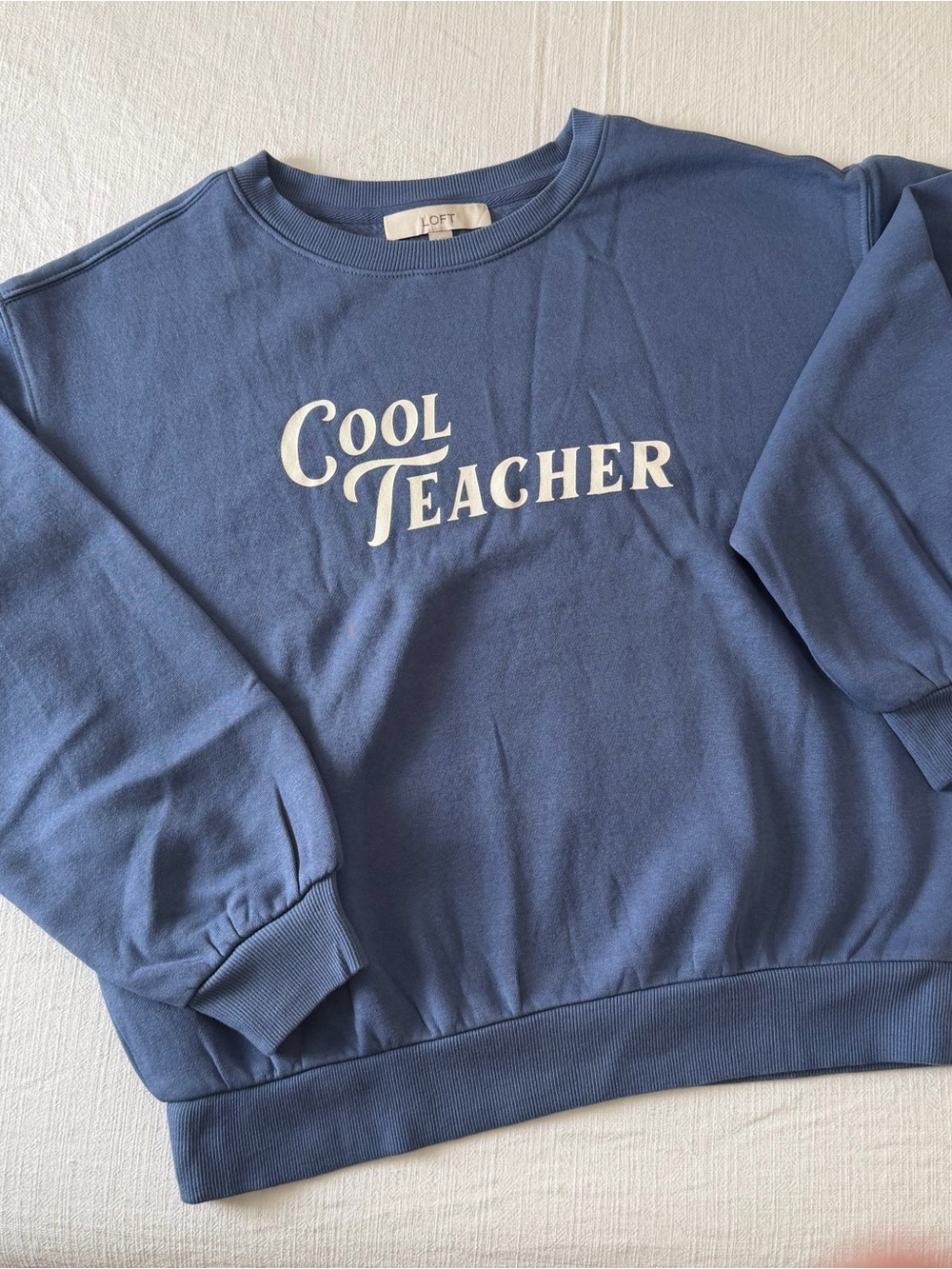 LOFT Cool Teacher Graphic Sweatshirt Women’s Small Blue Fleece Crewneck Pullover